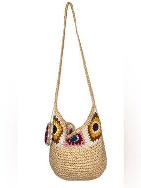 Zara Boho Crochet Straw WovenBag Granny Square Patchwork Festival Coastal Hippie